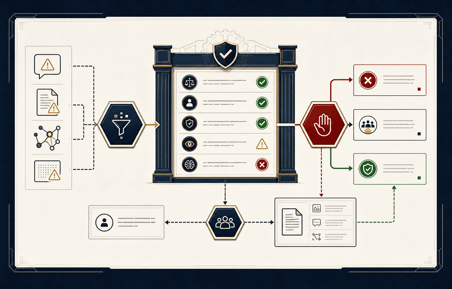 Safety-review flow showing safeguards, stop decisions, escalation, and evidence records